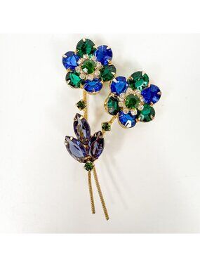 Vintage Blue Green Rhinestones Flowers Long Stems Gold Tone Prong Set Brooch